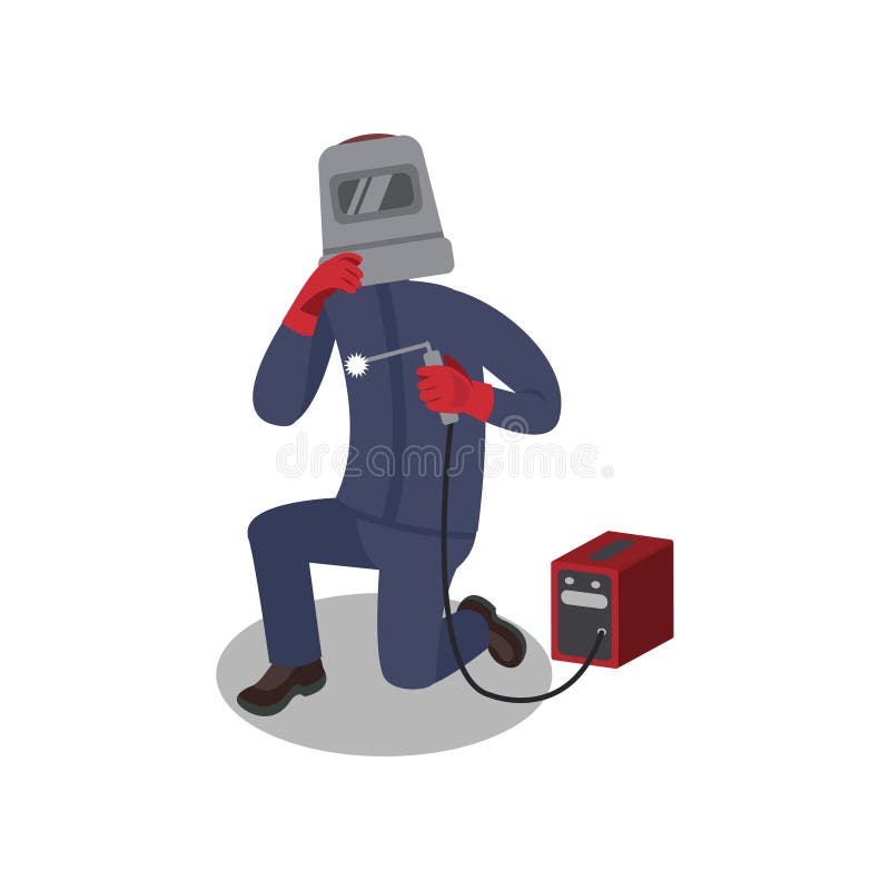 Yrkesmässig welder i skyddande maskering och handskar som arbetar med svetsningmaskinen Arbetare i blå likformig Plan vektor stock illustrationer Yrkesmässig welder i skyddande maskering och handskar som arbetar med svetsningmaskinen Arbetare i blå likformig Plan vektor stock illustrationer