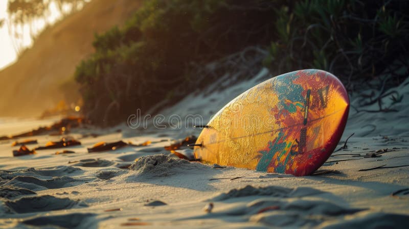 A surfboard rests on the beach as the sun sets, casting a golden glow over the water. The wind waves gently lap at the shore, creating a peaceful and serene natural landscape AIG50 AI generated. A surfboard rests on the beach as the sun sets, casting a golden glow over the water. The wind waves gently lap at the shore, creating a peaceful and serene natural landscape AIG50 AI generated