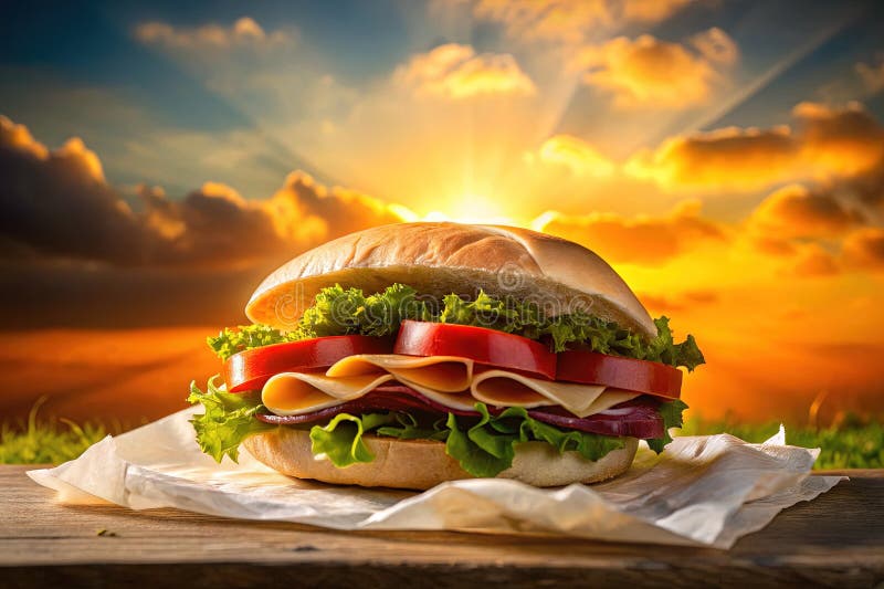 Ytligt inslagna skinka och ostsmörgåsar, en dramatisk bild av matbilden som är perfekt för restaurangmenyer vektor illustrationer