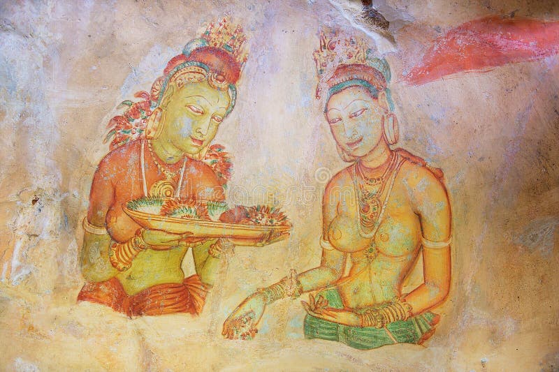 Yttersida av de 5th målningarna för århundradefreskomålningväggen av Sigiriya vaggar fästningen i Sigiriya, Sri Lanka arkivbilder Yttersida av de 5th målningarna för århundradefreskomålningväggen av Sigiriya vaggar fästningen i Sigiriya, Sri Lanka arkivbilder