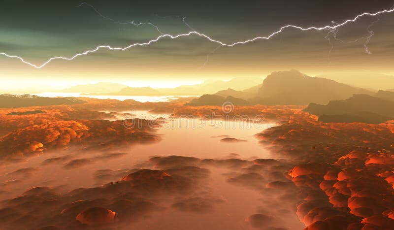 Surface of Venus. Hot lava flows on Venus. 3d illustration. Surface of Venus. Hot lava flows on Venus. 3d illustration