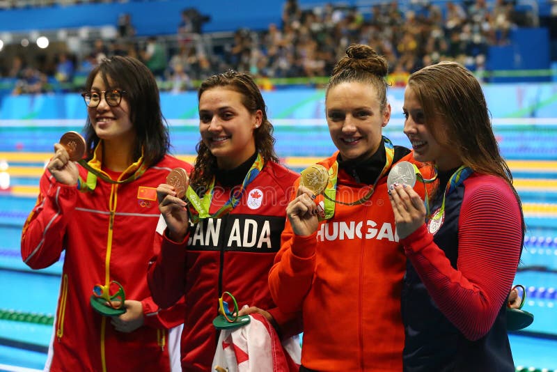 Yuanhui Fu CHN L, Kylie Masse CAN, Katinka Hosszu HUN and Kathleen Baker USA during medal ceremony