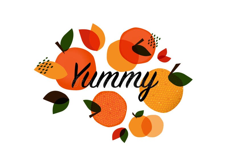 Yum text on fruit. Yummy concept design doodle for print. Fruit composition