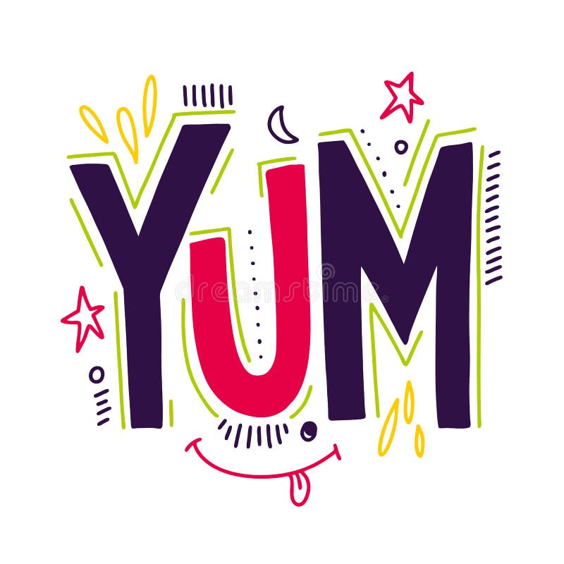 Yum. Yummy word. Hand drawn vector lettering. Vector Illustration isolated on background