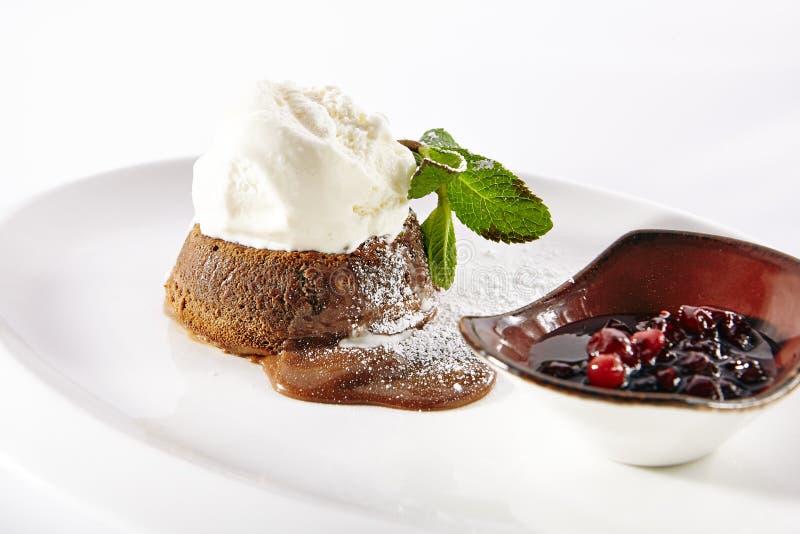 Yummy Chocolate Flan with Ice Cream stock images Yummy Chocolate Flan with Ice Cream stock images