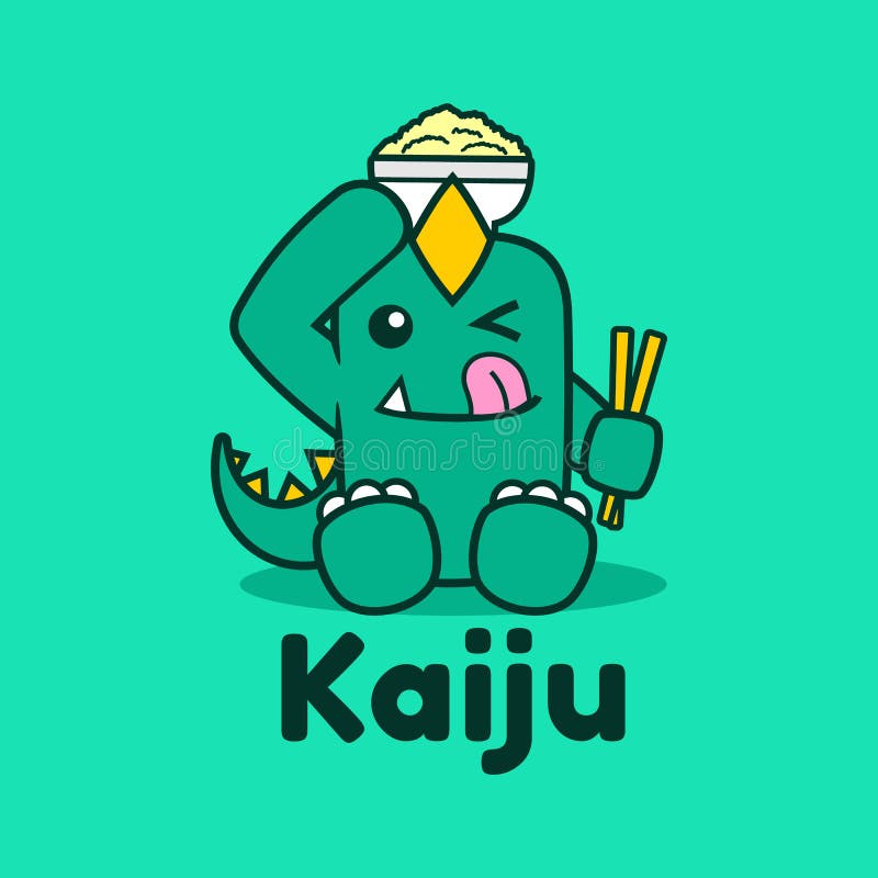 Yummy japanese Dinosaur Kaiju eating bowl mascot logo design
