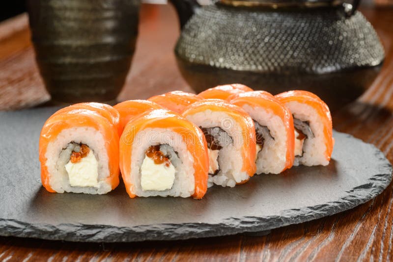 Sushi with red caviar stock photo. Image of board, meal - 158385584