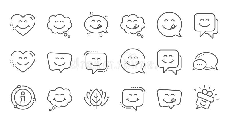 Yummy smile line icons. Emoticon with tongue lick mouth. Smile speech bubble. Linear set. Vector