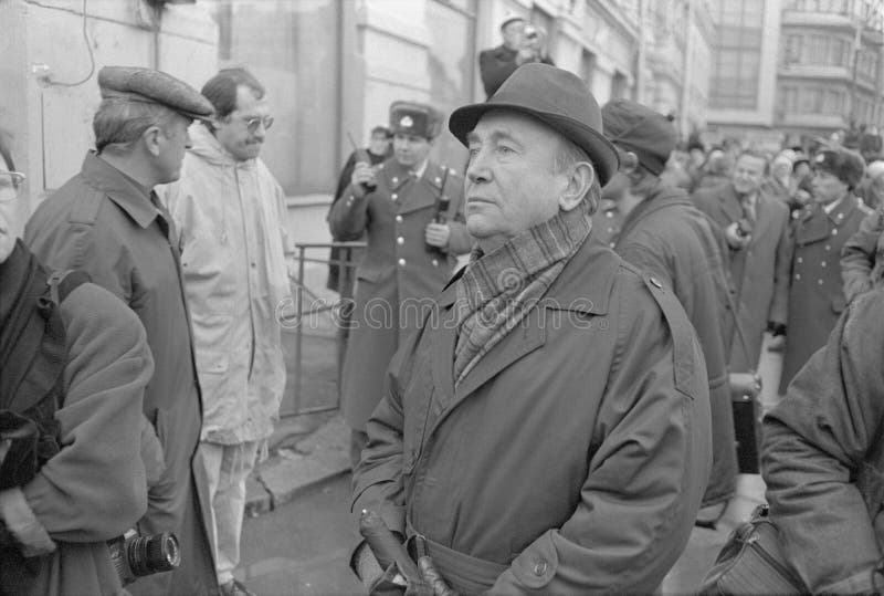 Moscow, USSR - November 7, 1990: Soviet writer, journalist and politician Yuriy Dmitrievich Chernichenko at rally organised by democtratic forces