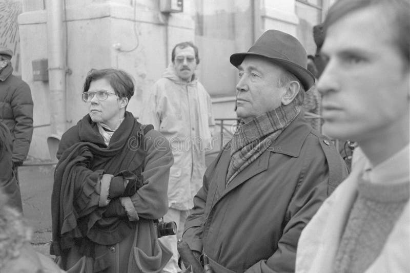 Moscow, USSR - November 7, 1990: Soviet writer, journalist and politician Yuriy Dmitrievich Chernichenko at rally organised by democtratic forces