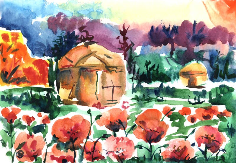 Yurt sur le champ de pavot La maison des nomades se tient dans un domaine dans les pavots rouges contre un ciel bleu illustration stock Yurt sur le champ de pavot La maison des nomades se tient dans un domaine dans les pavots rouges contre un ciel bleu illustration stock