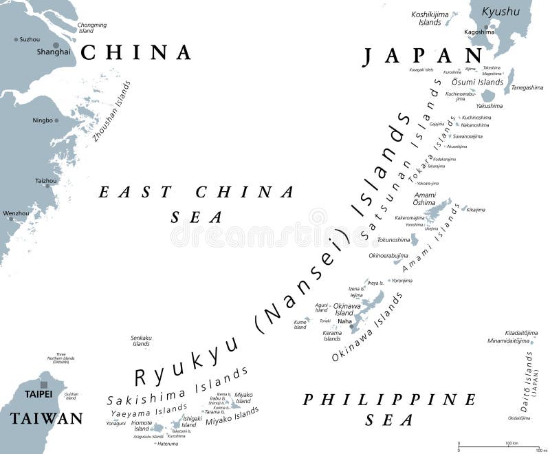 Yyukyu-öarna, även nansei-öarna japansk grå politisk karta över öar vektor illustrationer