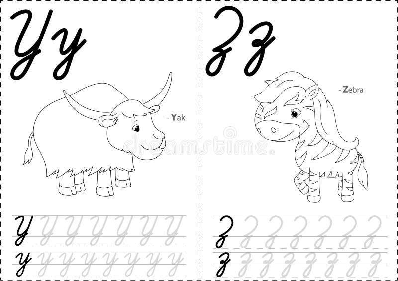 Cartoon yak and zebra. Alphabet tracing worksheet: writing A-Z, coloring book and educational game for kids. Cartoon yak and zebra. Alphabet tracing worksheet: writing A-Z, coloring book and educational game for kids