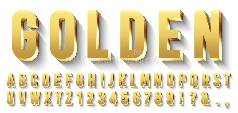 Golden 3D font. Metallic gold letters, luxury typeface and golds alphabet with shadows. Elegancy font abc and numbers, golden rich royal vip type letter. Isolated vector symbols set. Golden 3D font. Metallic gold letters, luxury typeface and golds alphabet with shadows. Elegancy font abc and numbers, golden rich royal vip type letter. Isolated vector symbols set