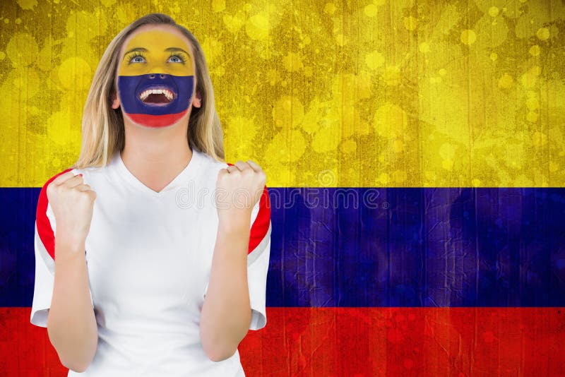 Z podnieceniem Colombia fan w twarzy farby dopingu fotografia royalty free Z podnieceniem Colombia fan w twarzy farby dopingu fotografia royalty free