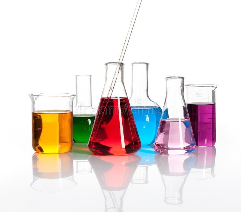 Various laboratory flasks with a colored reagents, isolated. Various laboratory flasks with a colored reagents, isolated