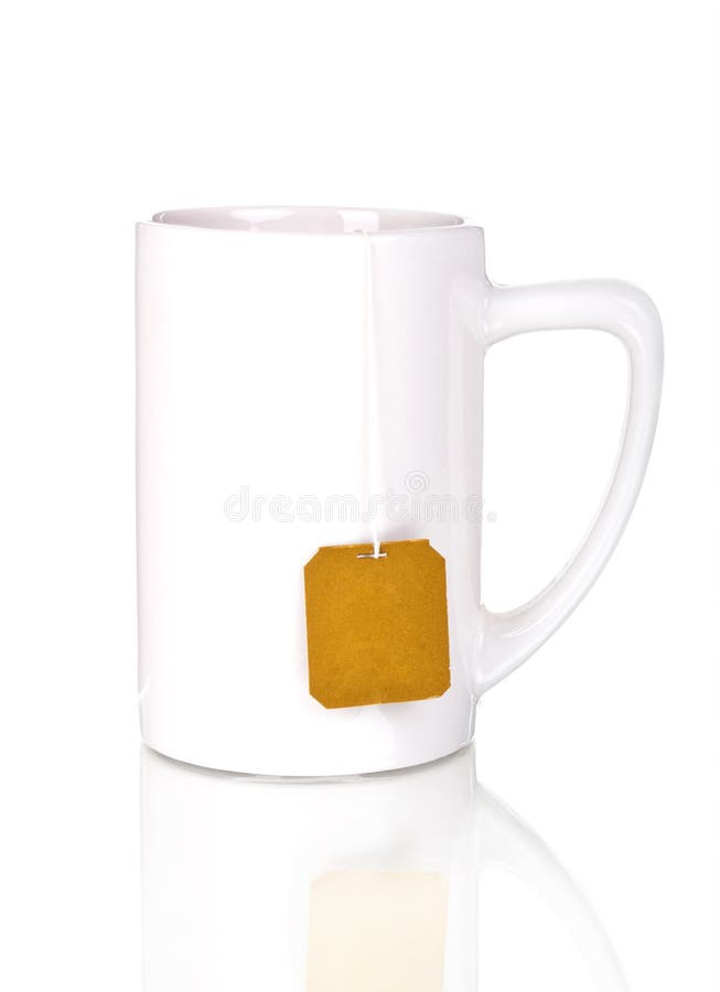 White cup with teabag Isolated on white background. White cup with teabag Isolated on white background