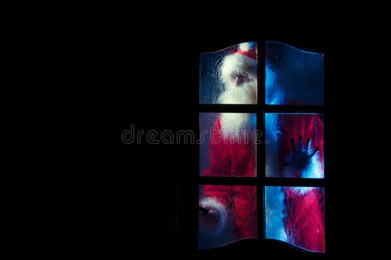 Santa Claus behind the glass door is trying to come inside. Contrasting colors. Santa Claus behind the glass door is trying to come inside. Contrasting colors.