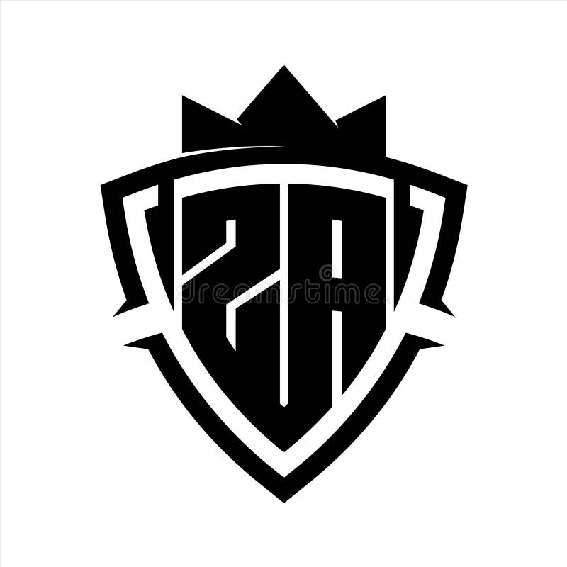 ZA Letter bold monogram triangle curve shield shape with crown black and white background color design stock illustration
