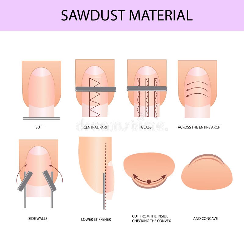 Sawdust material. Professional manicure guide, illustration infographics. Sawdust material. Professional manicure guide, illustration infographics