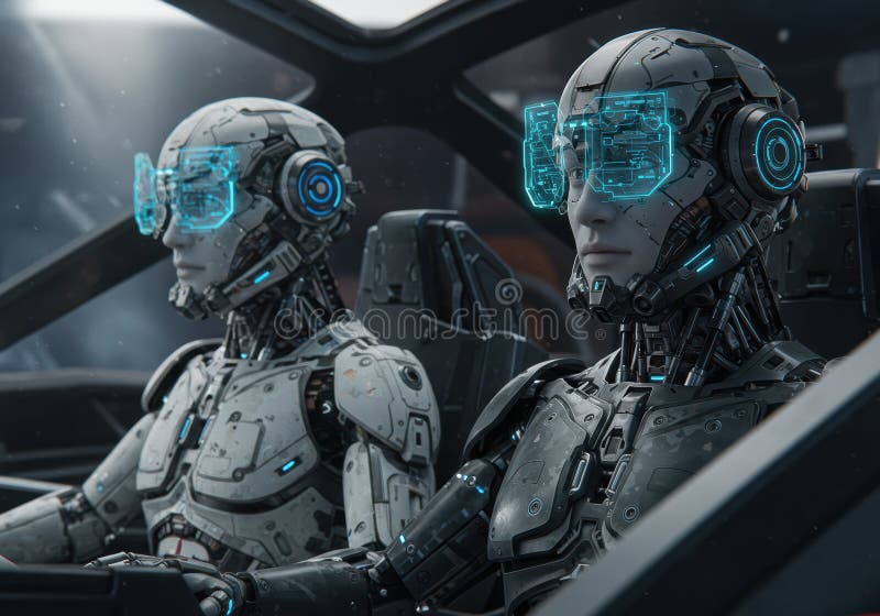 Zaawansowane roboty futurystyczne pilotujące statek kosmiczny high-tech z interfejsami holograficznymi zdjęcie royalty free