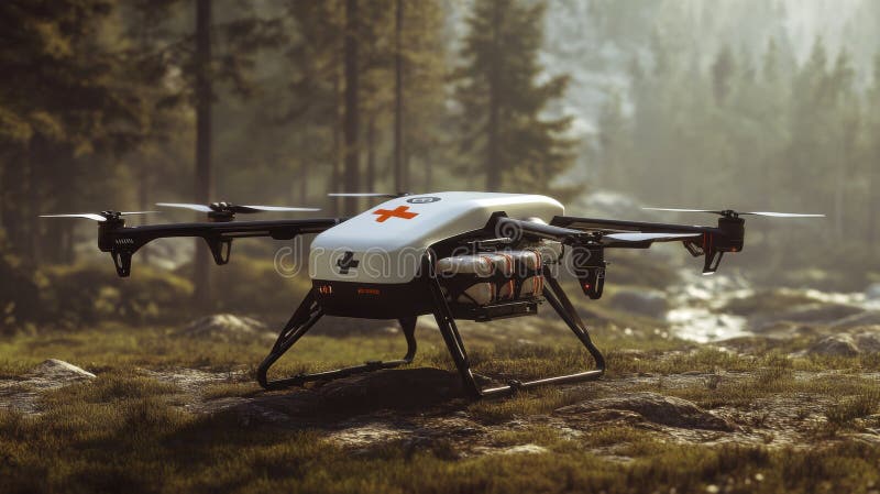 Zaawansowany dron medyczny gotowy do awaryjnego świadczenia opieki zdrowotnej ilustracji