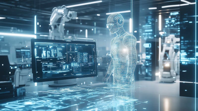 Zaawansowany robot ai analizuje dane w futurystycznym pomieszczeniu sterowania ilustracja wektor