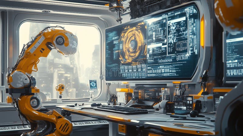 Zaawansowany robot ai analizuje dane w futurystycznym pomieszczeniu sterowania royalty ilustracja