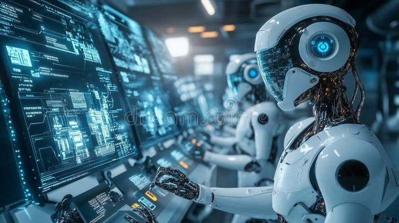 Zaawansowany robot ai analizuje dane w futurystycznym pomieszczeniu sterowania royalty ilustracja