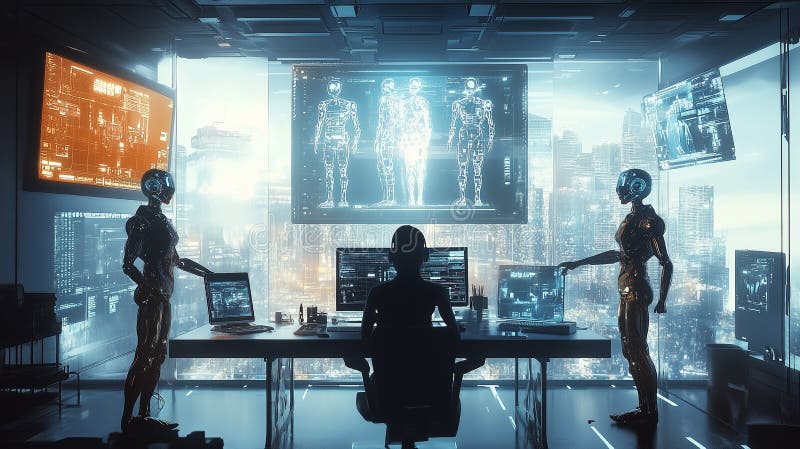 Zaawansowany robot ai analizuje dane w futurystycznym pomieszczeniu sterowania ilustracji