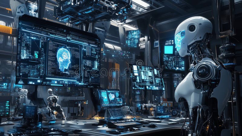 Zaawansowany robot ai analizuje dane w futurystycznym pomieszczeniu sterowania ilustracja wektor