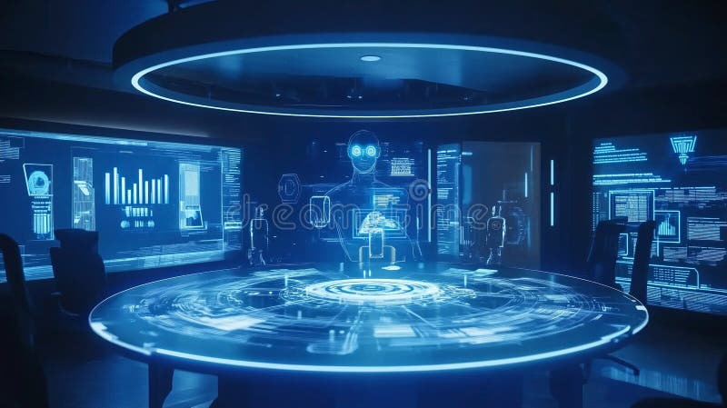 Zaawansowany robot ai analizuje dane w futurystycznym pomieszczeniu sterowania royalty ilustracja