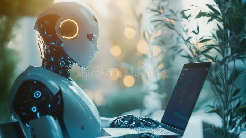 Zaawansowany robot analizujący dane na laptopie w słonecznym pomieszczeniu ilustracji