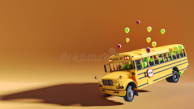 Zabawny autobus szkolny, pełen balonów, gotowy na początek roku szkolnego, gotowy do szkoły i do koncepcji 3d royalty ilustracja