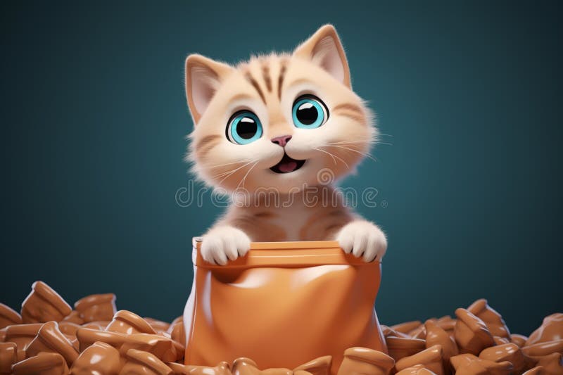 Zabawny feline adorns 3d renderował torbę karmy dla zwierząt domowych w stylu kreskówki ilustracja wektor