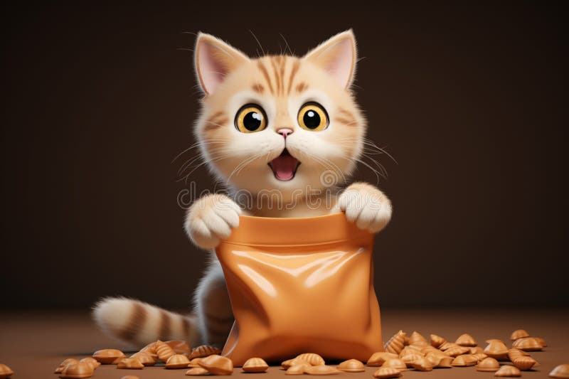 Zabawny feline adorns 3d renderował torbę karmy dla zwierząt domowych w stylu kreskówki ilustracja wektor