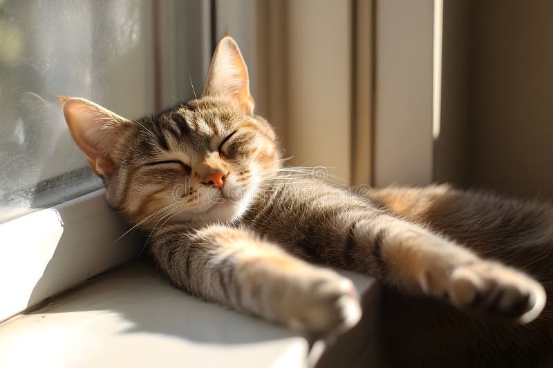 Zabawny feline cieszący się słoneczną plamą przez okno leniwie rozciągające się i mruczące ilustracji