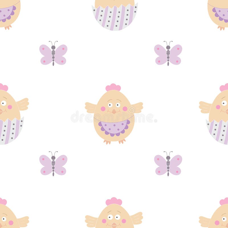 Vector color seamless pattern with funny chickens and butterfly on a white background. Vector color seamless pattern with funny chickens and butterfly on a white background