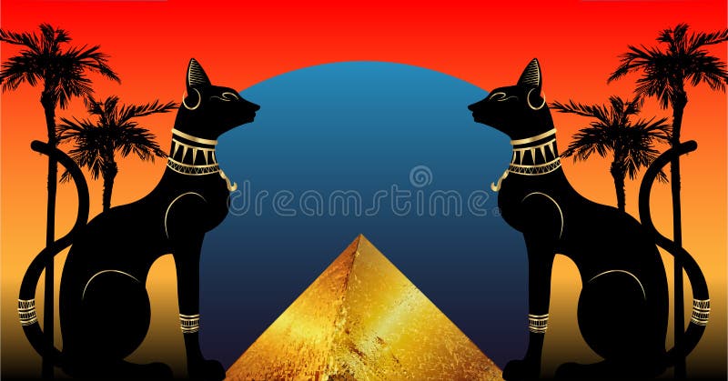 Egyptian cats and Antique Pyramid. Bastet, ancient Egypt goddess and palms, statue profile with Pharaonic gold jewelry. Egypt icon vector illustration