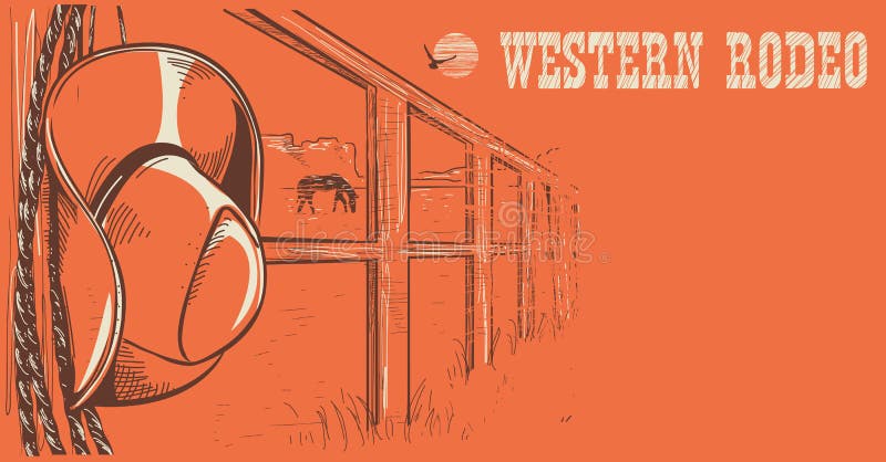 Zachodni rodeo plakat Amerykański Zachodni kowbojski kapelusz i lasso na drewnie ilustracji Zachodni rodeo plakat Amerykański Zachodni kowbojski kapelusz i lasso na drewnie ilustracji