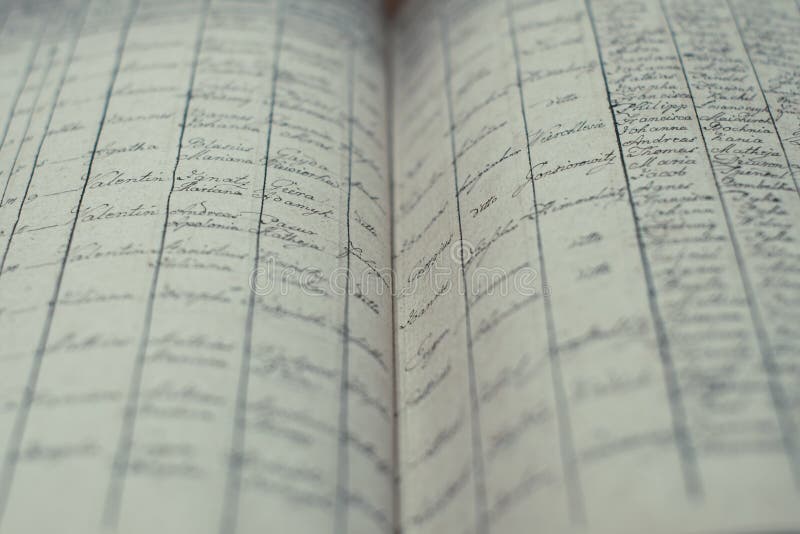 A soft focus of an old book of local records with list of residents\' names and information. A soft focus of an old book of local records with list of residents\' names and information