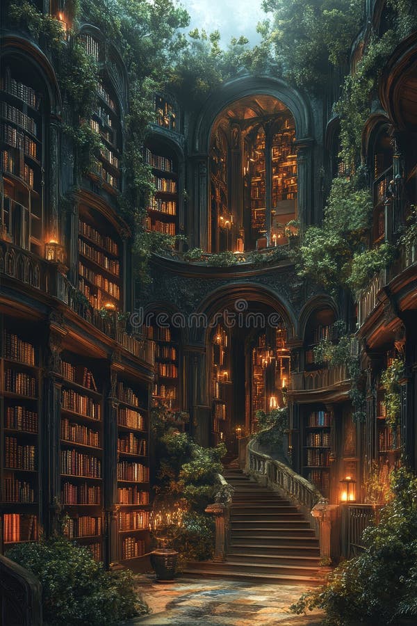 Zaczarowana biblioteka w zapomnianym świecie ilustracja wektor