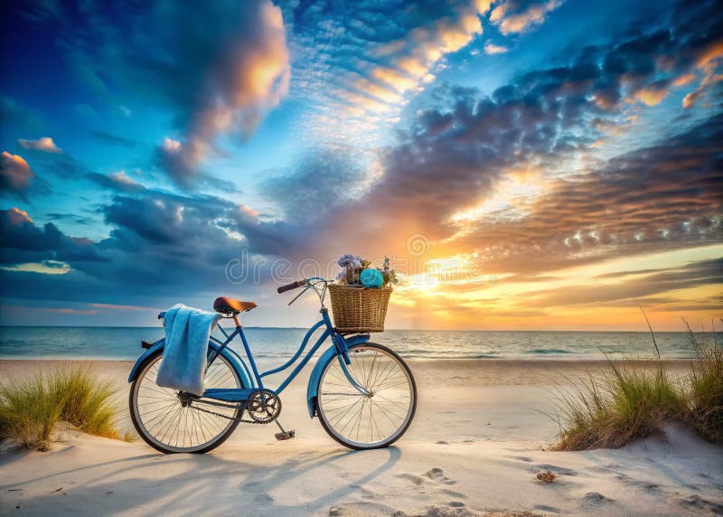 Zaczarowana Escape Coastal Scena Plażowa Podobna Do Marzenia, z żywym niebieskim rowerkiem z Wicker Basket i ilustracji