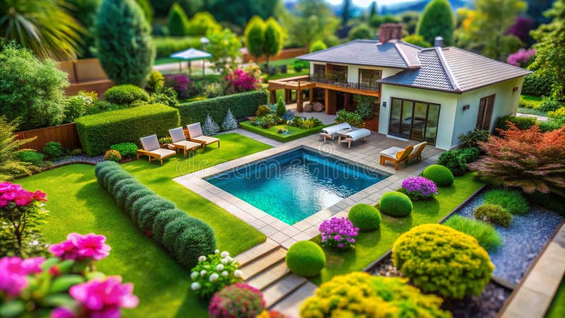 Zaczarowana Oaza na Podwórku: Wizualizacja TiltShift Projektu Krajobrazu Wymarzonej Willi ilustracji