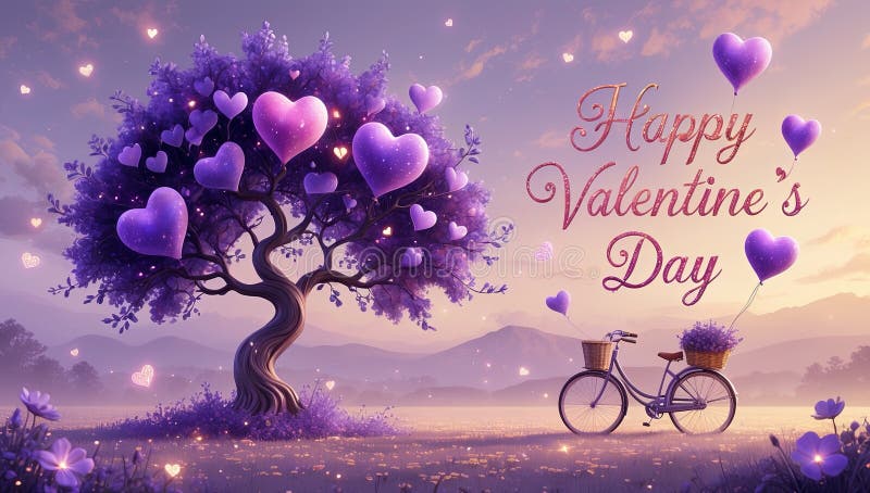 Zaczarowane Valentines Tree z roweru Vintage i balonami pływającego serca ilustracja wektor