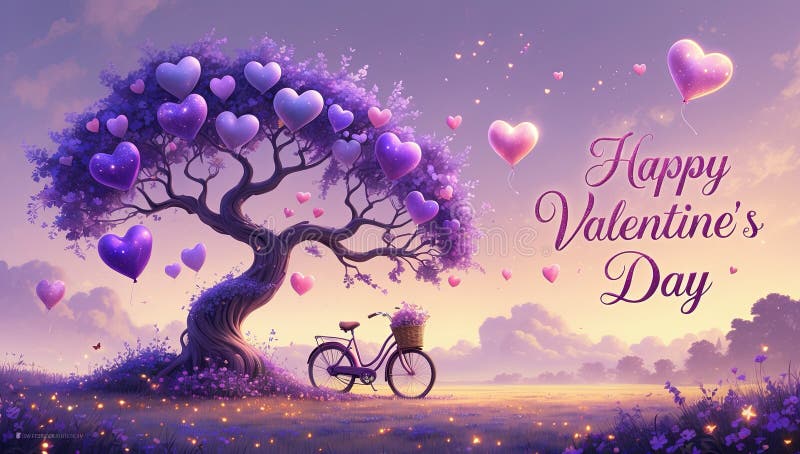 Zaczarowane Valentines Tree z roweru Vintage i balonami pływającego serca royalty ilustracja