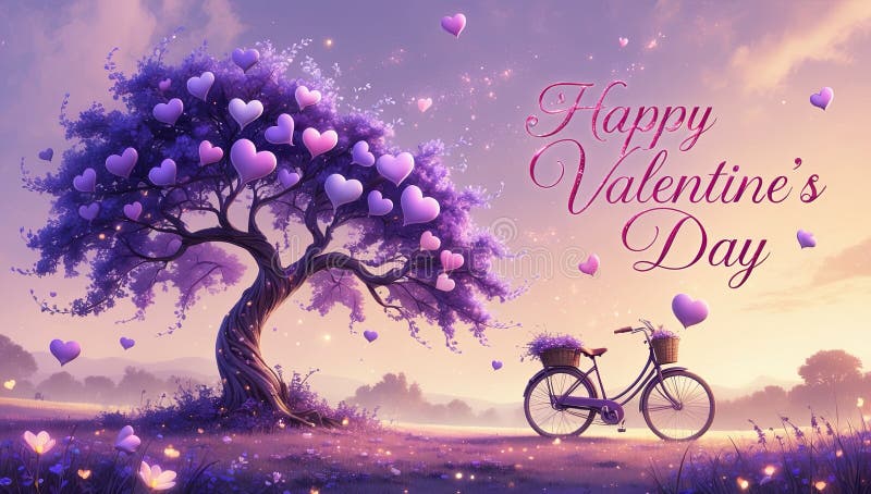 Zaczarowane Valentines Tree z roweru Vintage i balonami pływającego serca royalty ilustracja
