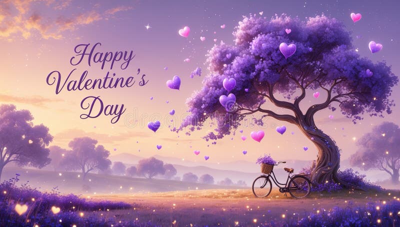 Zaczarowane Valentines Tree z roweru Vintage i balonami pływającego serca ilustracja wektor