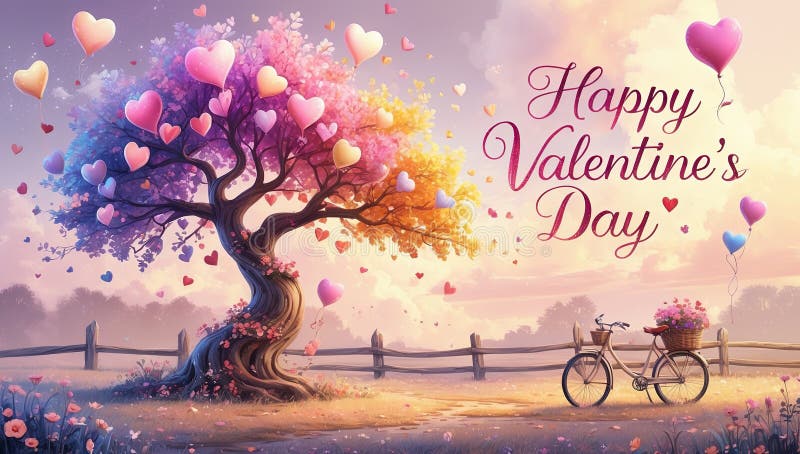Zaczarowane Valentines Tree z roweru Vintage i balonami pływającego serca ilustracji