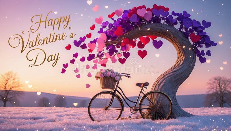 Zaczarowane Valentines Tree z roweru Vintage i balonami pływającego serca ilustracja wektor